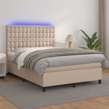 Box spring bed LED mattress cappuccino synthetic leather 140x200cm by , Beds and slatted bases - Ref: Foro24-3135950, Price: ...