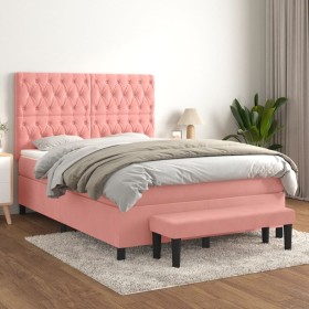 Box spring bed with pink velvet mattress 140x190 cm by , Beds and slatted bases - Ref: Foro24-3138024, Price: 592,00 €, Disco...