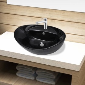 Lavabo de cerámica con agujero para grifo/desagüe negro ovalado de vidaXL, Lavabos - Ref: Foro24-141921, Precio: 71,16 €, Des...