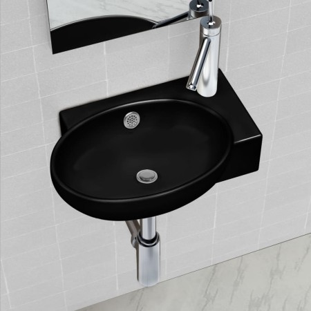 Rundes Keramikwaschbecken mit schwarzem Wasserhahn/Ablaufloch von vidaXL, Sinkt - Ref: Foro24-141925, Preis: 65,99 €, Rabatt: %