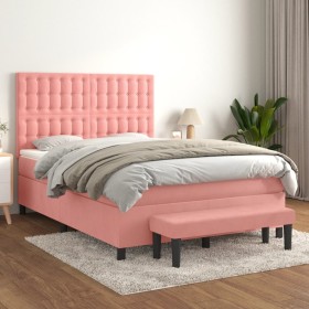 Box spring bed with pink velvet mattress 140x190 cm by , Beds and slatted bases - Ref: Foro24-3138084, Price: 565,64 €, Disco...