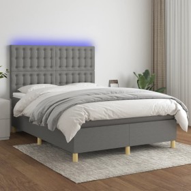 Box spring bed mattress and LED lights dark gray fabric 140x190 cm by , Beds and slatted bases - Ref: Foro24-3135750, Price: ...