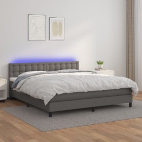 Cama box spring colchón y LED cuero sintético gris 160x200 cm de , Camas y somieres - Ref: Foro24-3134235, Precio: 493,99 €, ...