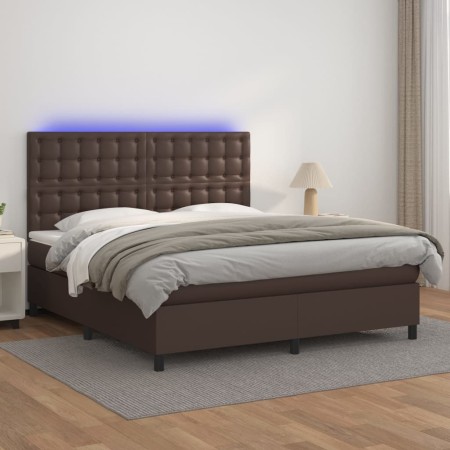 Cama box spring colchón y LED cuero sintético marrón 160x200 cm de , Camas y somieres - Ref: Foro24-3135954, Precio: 578,99 €...