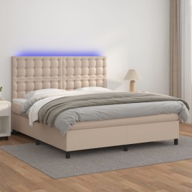 Box spring bed LED mattress cappuccino synthetic leather 160x200cm by , Beds and slatted bases - Ref: Foro24-3135956, Price: ...