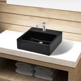 Lavabo de cerámica cuadrado con orificio de grifo/desagüe negro de vidaXL, Lavabos - Ref: Foro24-141941, Precio: 54,50 €, Des...