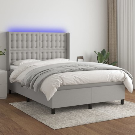 Box spring bed mattress and LED lights light gray fabric 140x200 cm by , Beds and slatted bases - Ref: Foro24-3138637, Price:...