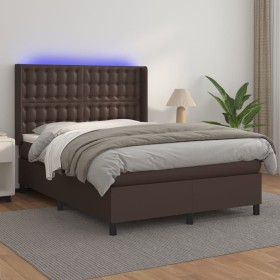 Box spring bed with mattress and LED brown synthetic leather 140x200 cm by , Beds and slatted bases - Ref: Foro24-3139388, Pr...