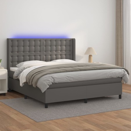 Cama box spring colchón y LED cuero sintético gris 160x200 cm de , Camas y somieres - Ref: Foro24-3139395, Precio: 580,73 €, ...