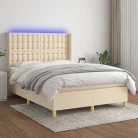 Boxspringbett-Matratze und LED-Leuchten, cremefarbener Stoff, 140 x 190 cm von , Betten und Lattenroste - Ref: Foro24-3139194...