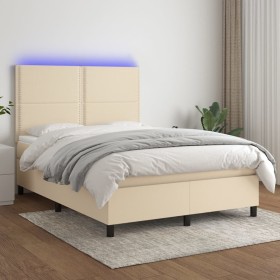 Box spring bed mattress and LED lights cream fabric 140x190 cm by , Beds and slatted bases - Ref: Foro24-3134794, Price: 531,...