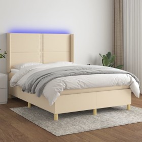 Box spring bed mattress and LED lights cream fabric 140x190 cm by , Beds and slatted bases - Ref: Foro24-3138794, Price: 538,...