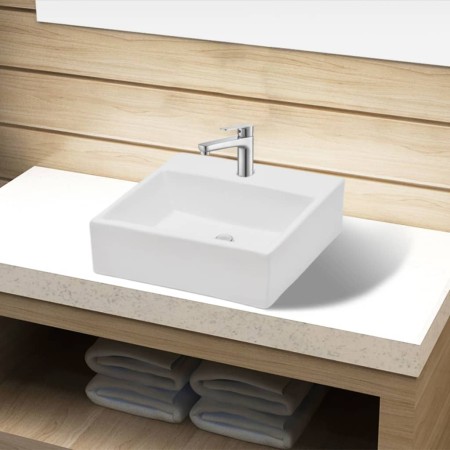 Square ceramic sink with faucet hole and white drain. by vidaXL, Sinks - Ref: Foro24-141940, Price: 49,31 €, Discount: %