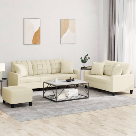 Cream-colored synthetic leather 3-piece sofa set with cushions by , Sofas - Ref: Foro24-3201394, Price: 551,01 €, Discount: %