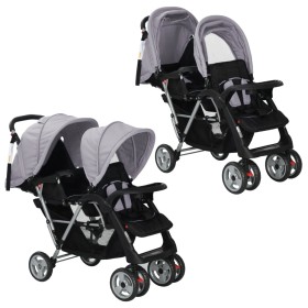 Tandem-Kinderwagen aus grauem und schwarzem Stahl für 2 Kinder von vidaXL, Kinderwagen - Ref: Foro24-10113, Preis: 203,99 €, ...