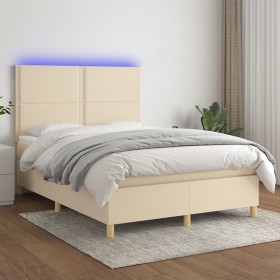 Box spring bed mattress and LED lights cream fabric 140x190 cm by , Beds and slatted bases - Ref: Foro24-3135354, Price: 531,...