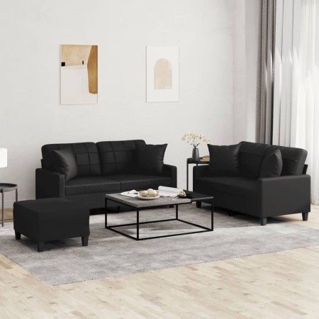 3-teilige Sofagarnitur aus schwarzem Kunstleder mit Kissen von , Sofas - Ref: Foro24-3201373, Preis: 555,78 €, Rabatt: %