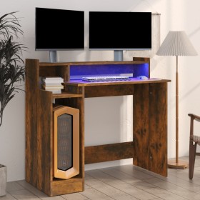 Escritorio con LED madera ingeniería roble ahumado 97x45x90 cm de , Escritorios - Ref: Foro24-820475, Precio: 66,72 €, Descue...