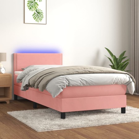 Box spring bed with mattress and LED pink velvet 90x190 cm by , Beds and slatted bases - Ref: Foro24-3134320, Price: 328,44 €...