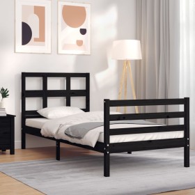 Black solid wood bed frame with headboard by , Beds and slatted bases - Ref: Foro24-3194800, Price: 112,71 €, Discount: %