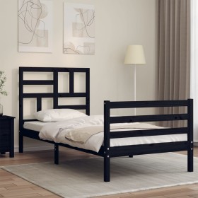 Estructura de cama individual con cabecero madera maciza negro de , Camas y somieres - Ref: Foro24-3194865, Precio: 110,99 €,...