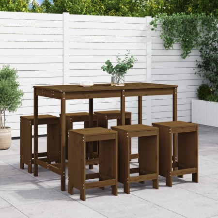 Garden table and 7-piece high stools set made of brown honey pine wood. by , Garden sets - Ref: Foro24-3157754, Price: 483,82...