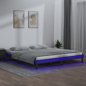 Double bed frame with LED solid gray wood 120x190 cm by , Beds and slatted bases - Ref: Foro24-820643, Price: 138,99 €, Disco...