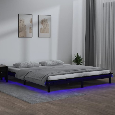 Estructura de cama con LED madera maciza negro 135x190 cm de , Camas y somieres - Ref: Foro24-820650, Precio: 148,99 €, Descu...