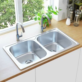 Double bowl sink with stainless steel strainer and siphon by vidaXL, Sinks - Ref: Foro24-145074, Price: 140,58 €, Discount: %