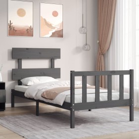 Gray solid wood bed frame with headboard by , Beds and slatted bases - Ref: Foro24-3193233, Price: 98,99 €, Discount: %