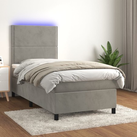 Box spring bed with mattress and LED light gray velvet 90x200 cm by , Beds and slatted bases - Ref: Foro24-3136041, Price: 35...