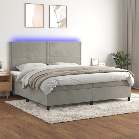 Box spring bed with mattress and LED light gray velvet 200x200 cm by , Beds and slatted bases - Ref: Foro24-3136083, Price: 6...