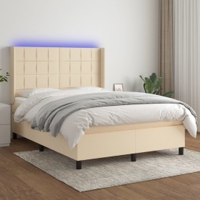 Box spring bed mattress and LED lights cream fabric 140x190 cm by , Beds and slatted bases - Ref: Foro24-3138314, Price: 544,...