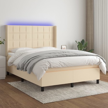 Boxspringbett-Matratze und LED-Leuchten, cremefarbener Stoff, 140 x 190 cm von , Betten und Lattenroste - Ref: Foro24-3138314...