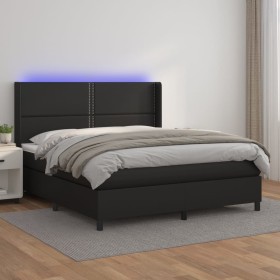 Cama box spring colchón y LED cuero sintético negro 160x200 cm de , Camas y somieres - Ref: Foro24-3139331, Precio: 584,91 €,...