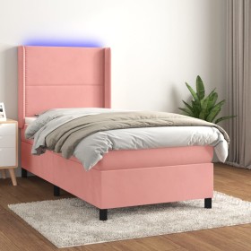 Box spring bed with mattress and LED pink velvet 90x190 cm by , Beds and slatted bases - Ref: Foro24-3139480, Price: 383,57 €...