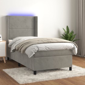 Box spring bed with mattress and LED light gray velvet 90x190 cm by , Beds and slatted bases - Ref: Foro24-3139475, Price: 38...