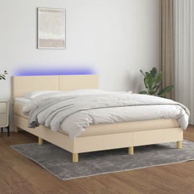 Box spring bed mattress and LED lights cream fabric 140x190 cm by , Beds and slatted bases - Ref: Foro24-3133554, Price: 463,...