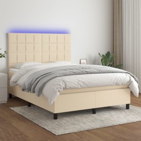 Boxspringbett-Matratze und LED-Leuchten, cremefarbener Stoff, 140 x 190 cm von , Betten und Lattenroste - Ref: Foro24-3134874...