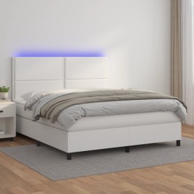 Box spring bed with mattress and LED white synthetic leather 180x200 cm by , Beds and slatted bases - Ref: Foro24-3135898, Pr...