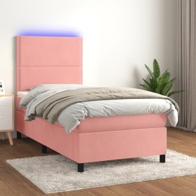 Box spring bed with mattress and LED pink velvet 90x200 cm by , Beds and slatted bases - Ref: Foro24-3136046, Price: 364,00 €...