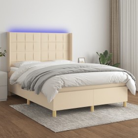 Boxspringbett-Matratze und LED-Leuchten, cremefarbener Stoff, 140 x 190 cm von , Betten und Lattenroste - Ref: Foro24-3138874...