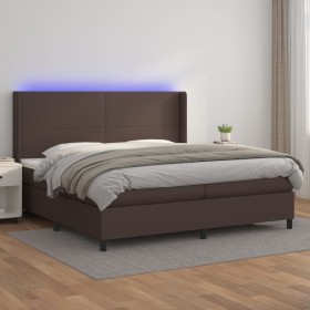 Cama box spring colchón y LED cuero sintético marrón 200x200 cm de , Camas y somieres - Ref: Foro24-3139286, Precio: 728,99 €...