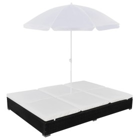 Schwarze Sonnenliege aus synthetischem Rattan mit Sonnenschirm von vidaXL, Betten im Freien - Ref: Foro24-42950, Preis: 253,4...