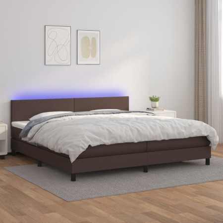 Box spring bed with mattress and LED brown synthetic leather 200x200 cm by , Beds and slatted bases - Ref: Foro24-3134126, Pr...