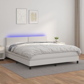 Cama box spring colchón y LED cuero sintético blanco 160x200 cm de , Camas y somieres - Ref: Foro24-3134172, Precio: 475,19 €...