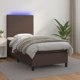 Cama box spring colchón y LED cuero sintético marrón 100x200 cm de , Camas y somieres - Ref: Foro24-3135810, Precio: 390,99 €...