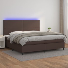 Cama box spring colchón y LED cuero sintético marrón 200x200 cm de , Camas y somieres - Ref: Foro24-3135846, Precio: 710,99 €...