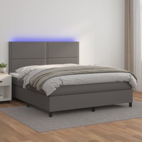 Box spring bed with mattress and LED gray synthetic leather 180x200 cm by , Beds and slatted bases - Ref: Foro24-3135901, Pri...