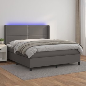 Box spring bed with mattress and LED gray synthetic leather 160x200 cm by , Beds and slatted bases - Ref: Foro24-3139335, Pri...